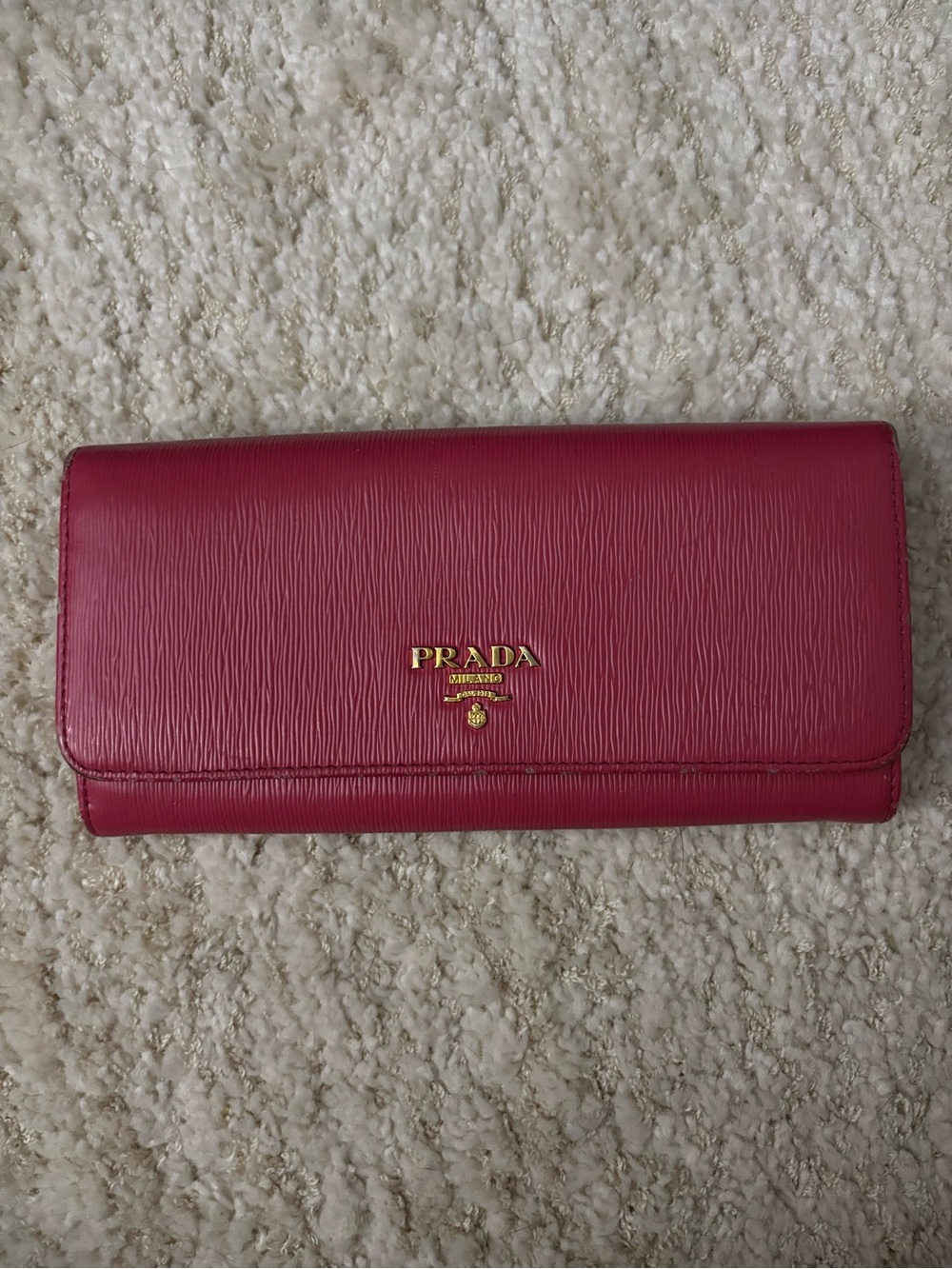 Prada Fuchsia Saffiano Leather Continental Wallet with Gold Logo